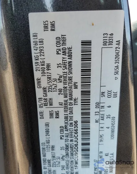 2018 Ford Escape Se from USA, damaged, VIN 1FMCU9GD8JUC66306